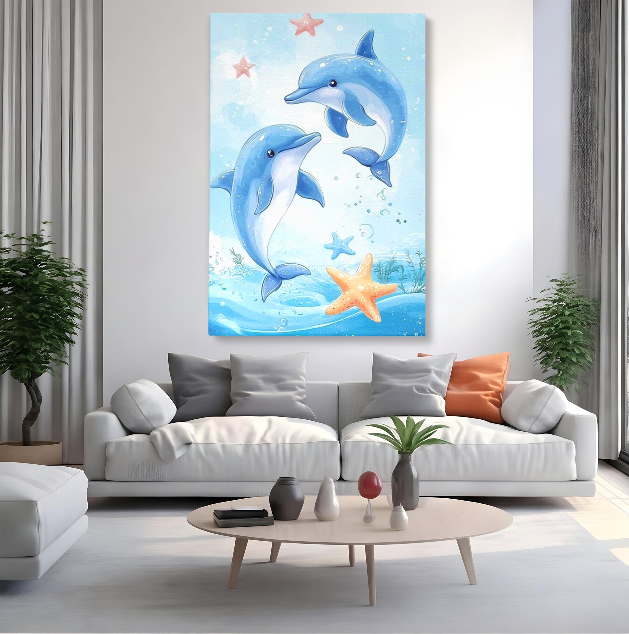 Tablou canvas cu ilustratie cu doi delfini jucausi, fara rama, pe sasiu de lemn, pe perete intr-un living